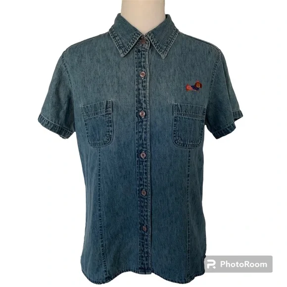 Vintage Faded Glory Patriotic Womens M Petite Denim Button Up Short Sleeve Shirt - Picture 2 of 8